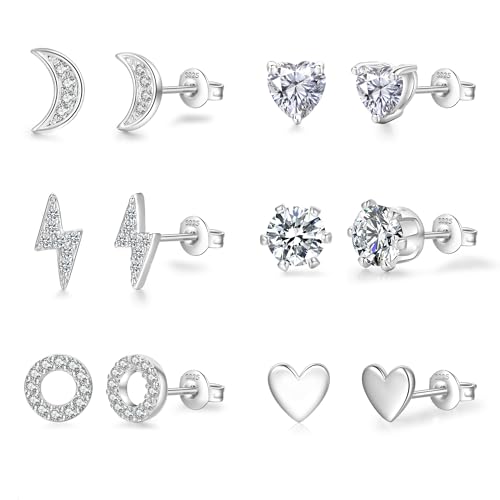 Silver Studs Earrings for Women 6 Pairs S925 Sterling Silver Stud Earrings Heart Cartilage Earring Set Hypoallergenic Small Gold Stud Earrings with Cubic Zirconia Huggies Sleeper Earrings for Girls von XOEMEL