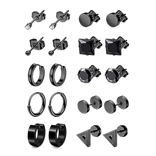 XOEMEL 10 Paar Ohrringe Set für Herren Hypoallergen Ohrstecker Chirurgenstahl Ohrstecker Schwarz Ohrringe für Mehrere Ohrlöcher Zirkonia Creolen Ohrstecker Set Tragus piercing Silber für Herren Damen von XOEMEL