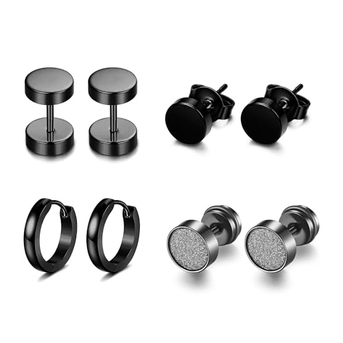 XOEMEL 4 Paar Ohrringe Set für Herren Hypoallergen Ohrstecker Chirurgenstahl Ohrstecker Schwarz Ohrringe für Mehrere Ohrlöcher Zirkonia Creolen Ohrstecker Set Tragus piercing Silber für Herren Damen von XOEMEL