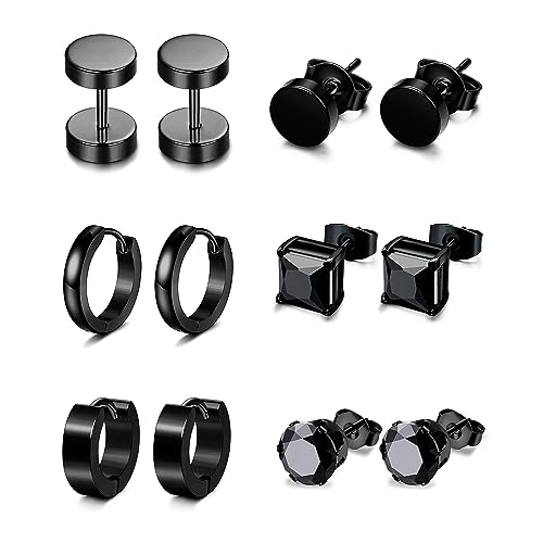 XOEMEL 6 Paar Ohrringe Set für Herren Damen - Hypoallergen Chirurgenstahl Ohrstecker Schwarz für Mehrere Ohrlöcher - Zirkonia Creolen Tragus Piercing Silber von XOEMEL