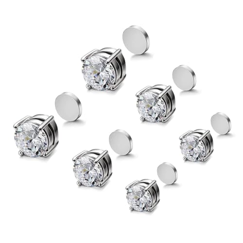 XOUDKE 3 Paar Ohrringe Set Edelstahl, Allergiefreie Ohrstecker Männer magnetische Ohrringe Creolen Zirkonia Ohrstecker Set Fake Plugs Ohrschmuck Hoop Piercing für Herren Damen Unisex Silber von XOUDKE