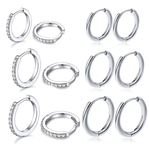 XOUDKE 6 Paar Ohrring Set, 316L Chirurgenstahl Ohrringe, Cubic Zirkonia Runde Ohrstecker, Hypoallergene Knorpel Huggie Hoop Ohrringe, Mehrfach-Piercing, 8/10/12mm von XOUDKE