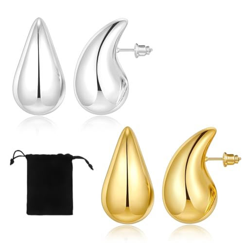 XOUDKE Handmade Ohrringe Gold Hängend, Goldene Ohrringe Damen, Tropfen Vergoldete Earrings for Women, Modeschmuck Chunky Hoop Earring Dupes für mädchen, Hypoallergen Geschenke für Frauen,Gold,Silber von XOUDKE