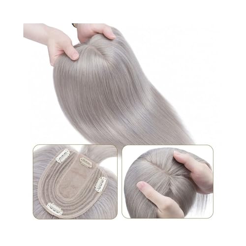 Toupet für Frauen Echthaar-Topper mit Pony, graue Farbe, seidige glatte Haarteile, 10 x 12 cm, natürliche, weiche Seidenbasis, 130% Dichte, indische Haar-Topper-Haarteile Haaraufsatz für Damen, Echth von XOVP-023