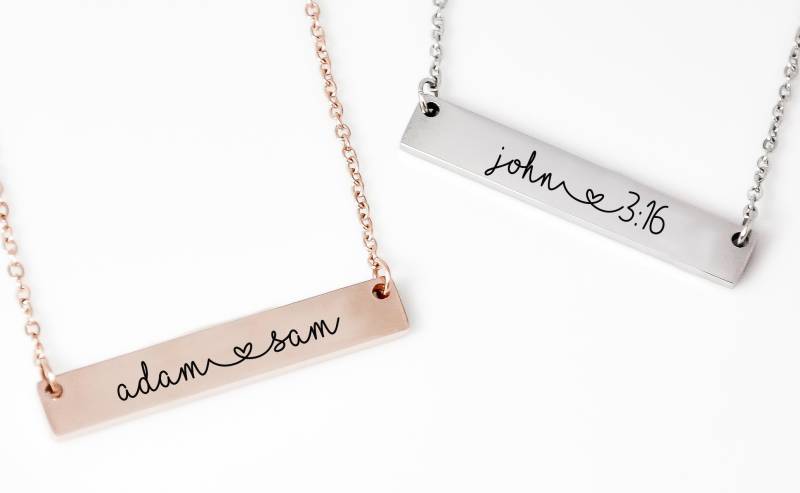 Anpassbare Personalisierte Bar Halskette, Rose Gold Ihre Benutzerdefinierten Worte, Zitat, Vers, Silber, Gelbgold von XOXOandcompany