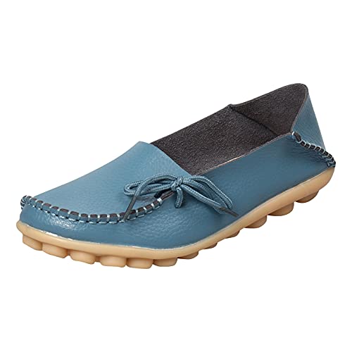 XOXSION Damen Elegant Einzelschuhe,Mode Flach Runder Zehe Einzelne Schuhe Schnürschuhe Faule Schuhe Slip On Freizeitschuhe Lässige Leder Bürowerk Ballerinas Loafers(Blau,39) von XOXSION