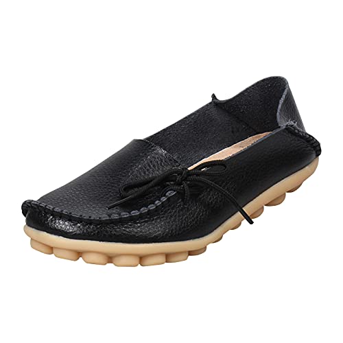 XOXSION Damen Elegant Loafers,Flach Runder Zehe Einzelne Schuhe Schnürschuhe Faule Schuhe Slip On Freizeitschuhe Lässige Einzelschuhe Leder Bürowerk Ballerinas(Schwarz,39) von XOXSION