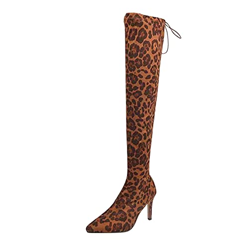 XOXSION Damen Elegante Lange Stiefel,Sexy Leopard Stiefel Overknee Stiefel Neuheiten Spitz Winter und Herbst Pumps Frauen High Heels Slim High Stiefel Biker Boots(Kaffee,37) von XOXSION