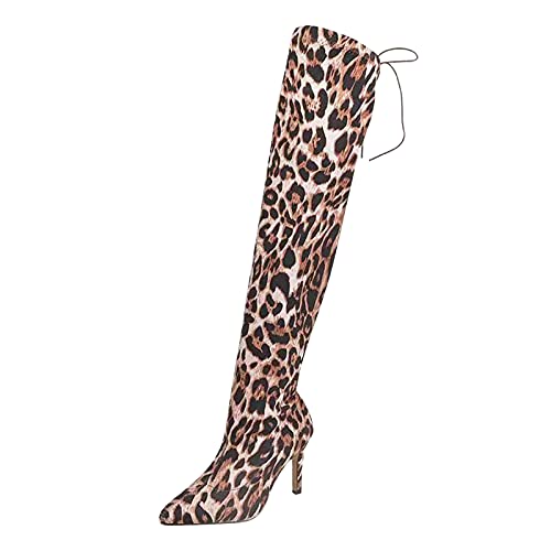 XOXSION Damen Elegante Lange Stiefel,Sexy Leopard Stiefel Overknee Stiefel Neuheiten Spitz Winter und Herbst Pumps Frauen High Heels Slim High Stiefel Biker Boots(Weiß,43) von XOXSION