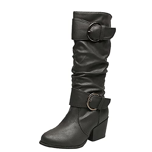 XOXSION Damen High Stiefel, Weichem Leder Hohe Stiefel Dicker Absatz Overknee Stiefel Gürtelschnalle Damenstiefel High Heels Damenschuhe Slim Ladies Reitstiefel(Schwarz,39) von XOXSION