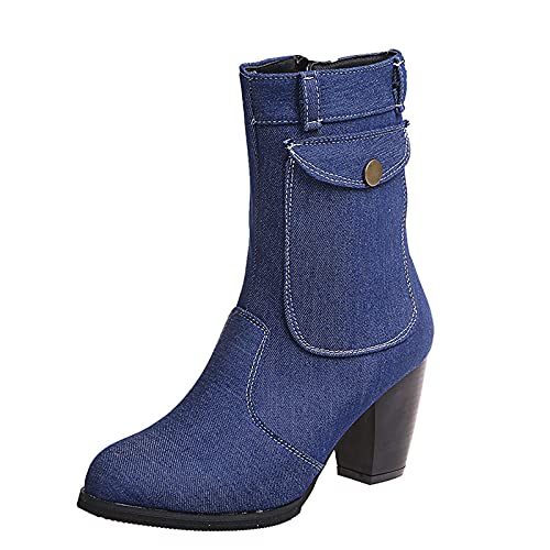 XOXSION Damen High Stiefel mit Absatz,Elegante Cowboystiefel Slim Mittelrohr High Heel Stiefel mit seitlichem Reißverschluss Herbst Winter Sexy Winterstiefel Frauen Pumps High Heels(Blau,39) von XOXSION