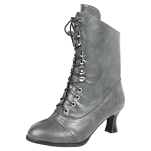 XOXSION Damen Leder Stiefel mit Absatz,Sexy Elegante Winterstiefel Winter Herbst Short High Heels Lace Up Reißverschluss Schuhe Frauen Ladies Booties Modische Stiefelette Cowboy Stiefel(Grau,40) von XOXSION