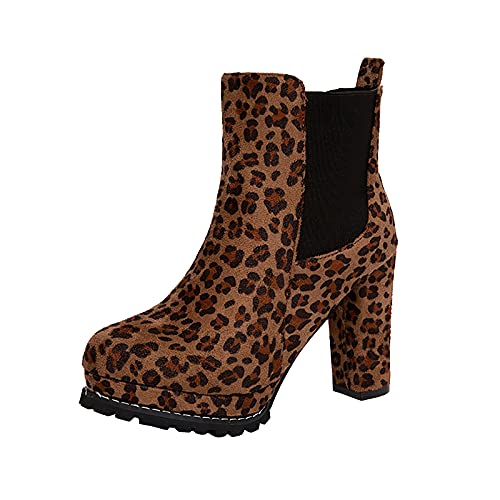 XOXSION Damen Leopard High Heel, Sexy Gummiband Stiefel mit Absatz Große Größe Schuhe Slim Kurze Stiefel Herbst Winter Booties Ladies Frauen Winterstiefel Modische Elegante Reitstiefel(Braun,35) von XOXSION