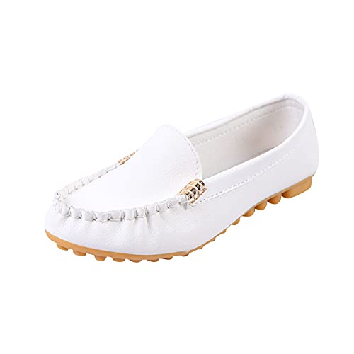 XOXSION Damen Loafer Schuhe, Runder Zehe Bootsschuhe flachem Absatz Einzelne Flache Schuhe Metallschnalle Sommer Freizeitschuhe Mode Elegant Ballerinas(Weiß,36) von XOXSION