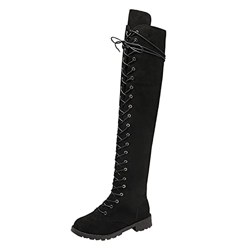 XOXSION Damen Overknee Stiefel, Flach Sexy Ladies Stiefel Herbst Winter Schnürschuhe Kniehohe Stiefel Flache runde Zehenschuhe Lässige High Stiefel Lang Stiefel(Schwarz,35) von XOXSION