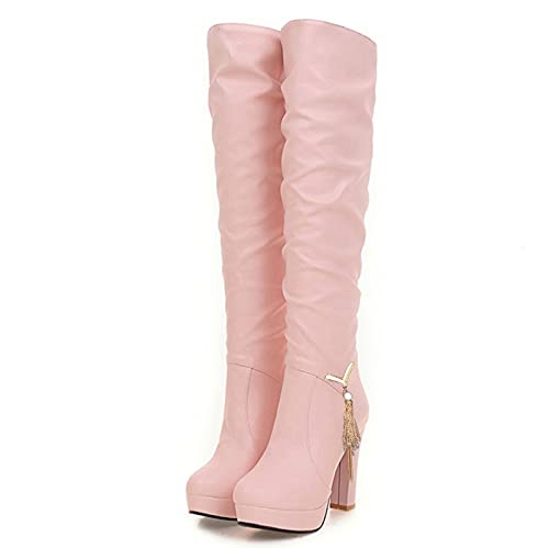 XOXSION Damen Overknee Stiefel, Mode Reine Farbe High Heels Runde Zehe Slip-On Stiefel Square Heels Booties Biker Slim Boots Hohe Pumps Herbst Winter High Stiefel(Rosa,36) von XOXSION