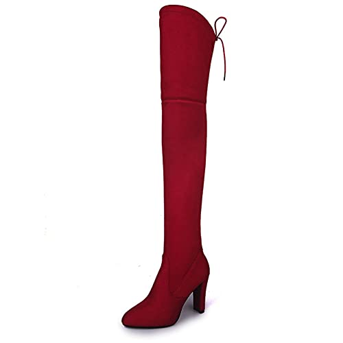 XOXSION Damen Overknee Stiefel, Slim Elegante High Heels Ladies High Stiefel Stretch Faux Hohe Stiefel High Heels Schuhe Modische Cowboy Stiefel Herbst Winter Freizeitschuhe(rot,37) von XOXSION