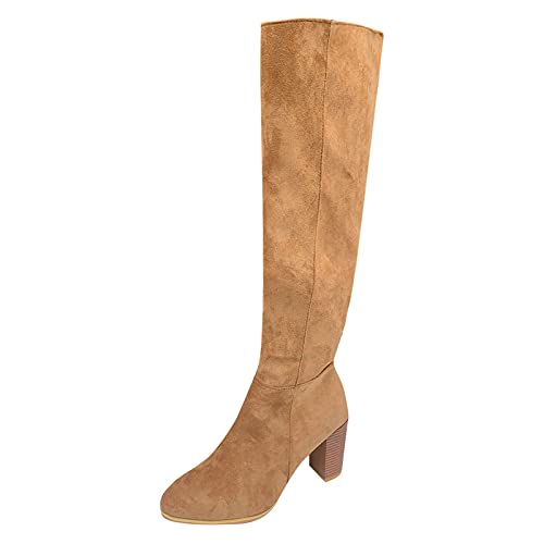 XOXSION Damen Overknee Stiefel mit Absatz,Einfarbig Große Größe Winterstiefel Slim Reißverschluss High Stiefel Chunky High Heels Hohe Stiefel Herbst Winter Cowboy Stiefel(Khaki,38) von XOXSION