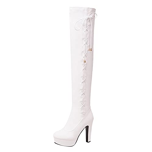 XOXSION Damen Overknee Stiefel mit leder, Sexy Leder Schnürschuhe Runder Zehe High Heel Mode Kurzes Plüschfuttermaterial Ladies High Heels Slim Modische Schneestiefel(Weiß,36) von XOXSION