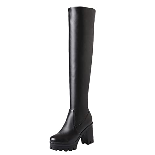 XOXSION Damen Schneestiefel,Sexy High Heel Frauen leder Overknee Stiefel mit Absatz Slim Schuh Dicke Biker Boots Plattform Knie Quadratische Ferse Stiefel Ladies Freizeitschuhe(Schwarz,40) von XOXSION