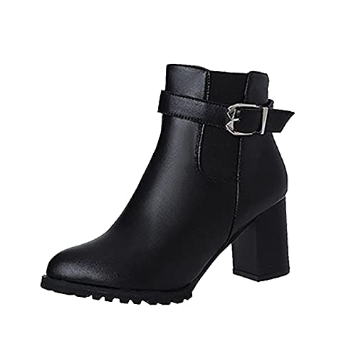 XOXSION Damen Stiefel leder, Sexy High Heels Dicker Absatz Ladies Booties Niedrige Stiefeletten Gürtelschnalle Niedrige Stiefel Modische Schuhe Slim Herbst Winter Pumps(Schwarz,38) von XOXSION