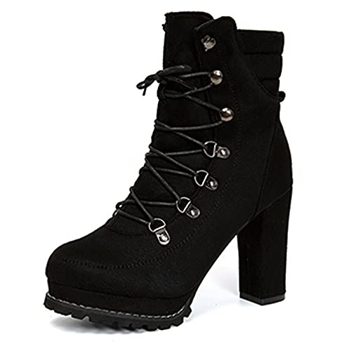 XOXSION Damen Stiefel mit Absatz,Sexy Slim Winterstiefel Elegante Herbst Winter Cowboy Stiefel Ladies Frauen Booties Nietenschuhe Rutschfeste Schnürung High Heel Short Tube Boots Freizeit(Schwarz,35) von XOXSION