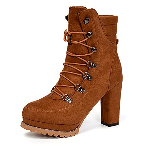 XOXSION Damen Stiefel mit Absatz,Sexy Slim Winterstiefel Elegante Herbst Winter Cowboy Stiefel Ladies Frauen Booties Nietenschuhe Rutschfeste Schnürung High Heel Short Tube Boots Freizeit(Braun,35) von XOXSION