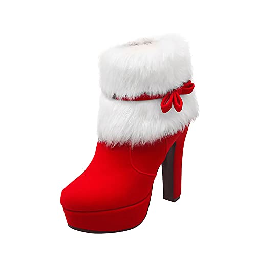 XOXSION Damen Weihnachten Rot High Heels,Winter Wildleder Gerade Stiefel mit Absatz Dicker Absatz Plattform Seitlicher Reißverschluss Sexy Kurze Stiefel Ladies Frauen Winterstiefel(rot,38) von XOXSION