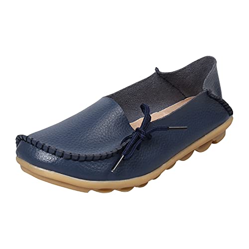 XOXSION Elegant Loafers Damen,Flach Runder Zehe Einzelne Schuhe Schnürschuhe Faule Schuhe Slip On Freizeitschuhe Lässige Leder Einzelschuhe Bürowerk Ballerinas(Marine,39) von XOXSION