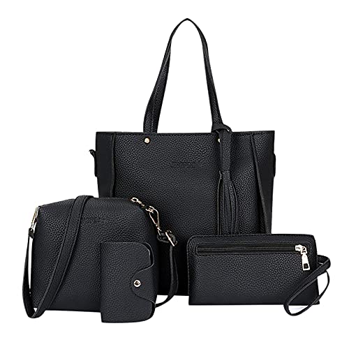 XOXSION Handtasche Set Damen, 2021 Mode Taschen, 4er Set Tote Bag, Leder Henkeltasche, Umhängetasche, Geldbörse, Kartenhalter, Shopping Tasche Reise Geschenk Bags(Z-Schwarz,M) von XOXSION