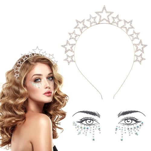 XOXVURI Haarreif Sterne Silber Strass Sterne Haarreif Silber Sterne Stirnband Strass Haarband Gesichtstattoo Karneval Fasching Halloween Geburtstag Party Kostüm Haarreifen Glitzer Haarschmuck von XOXVURI