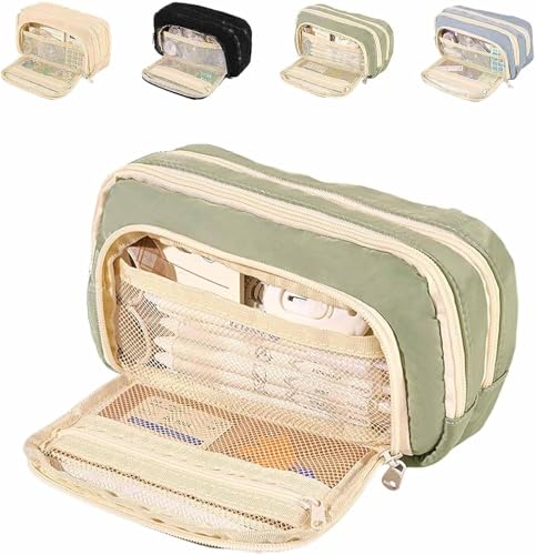 XOYHFQ Federmäppchen mit großem Fassungsvermögen, 3 Fächer, einfache Aufbewahrung, ästhetisches Federmäppchen, Federmäppchen mit großem Fassungsvermögen, niedlicher Federmäppchen-Organizer (Grün) von XOYHFQ