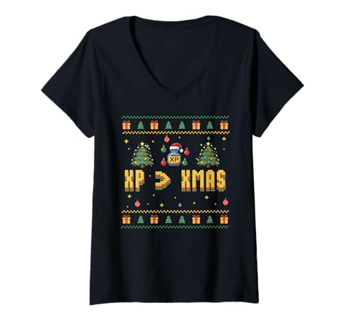 Damen Lustiger Gamer Ugly Christmas Sweater Retro Pixel Gaming T-Shirt mit V-Ausschnitt von XP Gamer Ugly XMAS Gaming Christmas Holidays