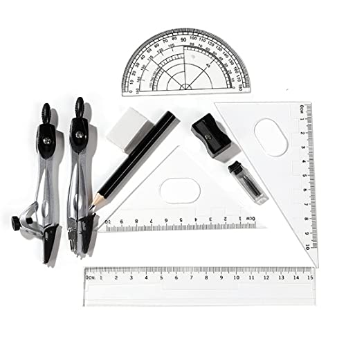 XPEX 1 Satz mit 10 Stück Lineal Set Geometrieset(Silber) mit Zirkel, Geodreieck, Lineal, Winkelmesser, Bleistift, Ersatzminen, Radiergummi und Anspitzer - in Einem Robusten Kunststoffkoffer von XPEX