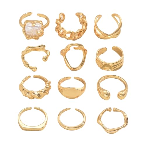 XPEX 12 Stück Ringe Gold Damen Frauen, Boho Goldener Stapelringe Daumenring Fingerring Perlenring Statement Ring Schmuck für Damen Mädchen von XPEX