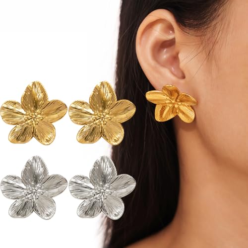 XPEX 2 Paar Blumen Ohrringe Groß, Ohrringe Blumen, Hypoallergene Ohrringe, Blume Tropfen Ohrringe Gold Boho Statement Flower Earrings Hypoallergene Modeschmuck Für Damen(Gold/Silber) von XPEX