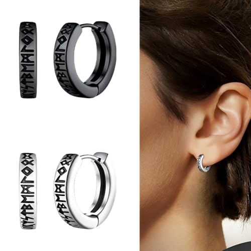 XPEX 2 Paar Nordischer Wikinger Hoop Ohrringe Herren, Creolen Ohrstecker Schwarz, Amulett Schutz Schmuck Geschenke Edelstahl Herren Ohrstecker Mit Nordic Elder Runen(Schwarz/Silber) von XPEX