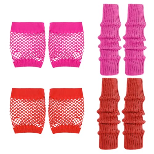 XPEX 2 Sätze Leg Warmers 80Er Jahre Outfit Damen Stulpen Für Damen Netzhandschuhe Elastische Neon Beinstulpen Und Netzhandschuhe Set 80Er Jahre Kostüm Zubehör（Rosa+Rot） von XPEX