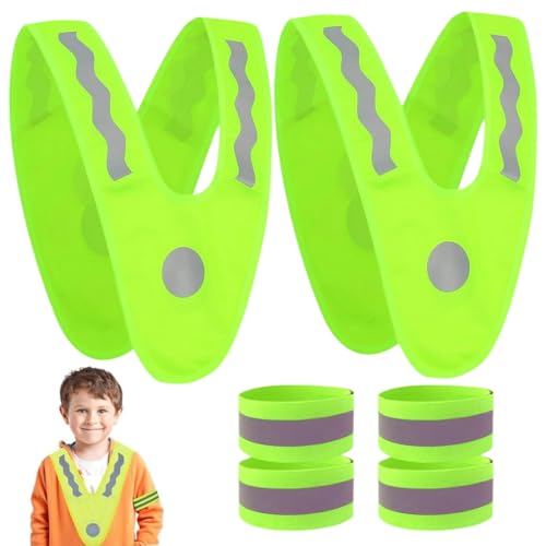 XPEX 2 Stück warnweste kinder 3-6 jahre reflektorweste kinder leuchtweste kinder V-Form Reflektorweste Kinder +4 Stück 4 * 1,5 cm große reflektierende Armbänder für Sport Laufen Fahrrad von XPEX