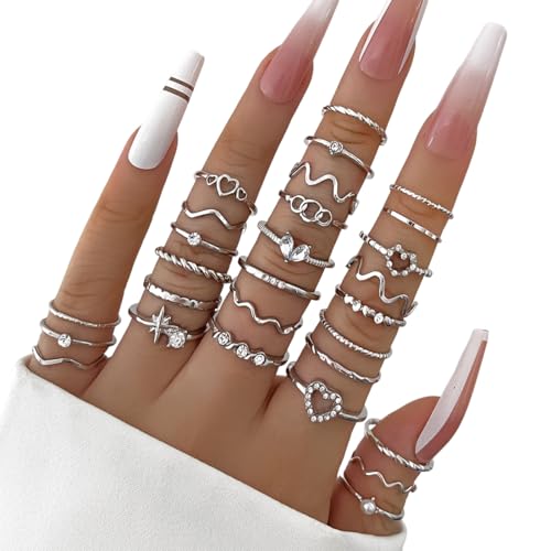 XPEX 28 Stück Ringe Damen Verstellbare Statement Ring Damen Stapelbare Daumenring Fingerring Set Schmuck von XPEX