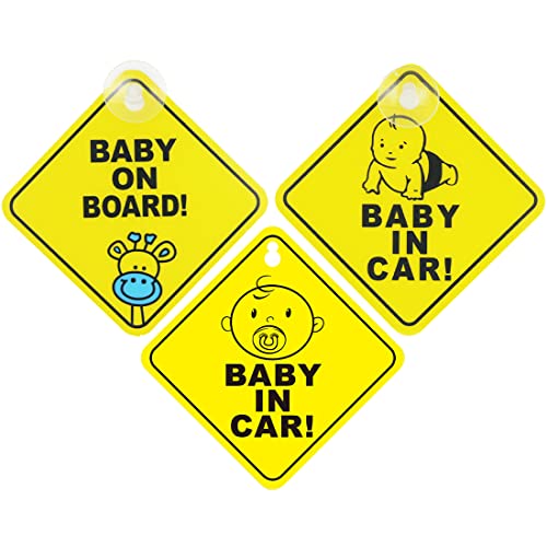 XPEX 3 Stück Baby on Board Auto Aufkleber, Auto Aufkleber,Baby Sticker,Wasserdicht Baby Auto Aufkleber Baby on Board Schild Baby an Bord Auto Aufkleber Warnschild Baby in Car Mit Saugnapf(Gelb) von XPEX