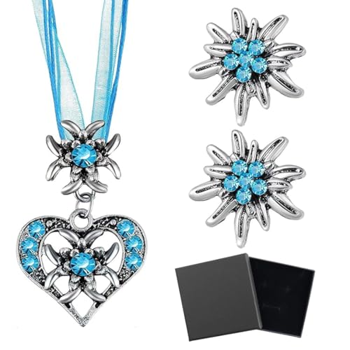 XPEX 3 Stück Blau dirndl asseccoires damen Trachtenschmuck Damen Set Edelweiss Dirndl Schmuck für Damen Accessoires Oder Lederhose Damen Tracht Inklusive 9 x 9 cm großer schwarzer Box von XPEX