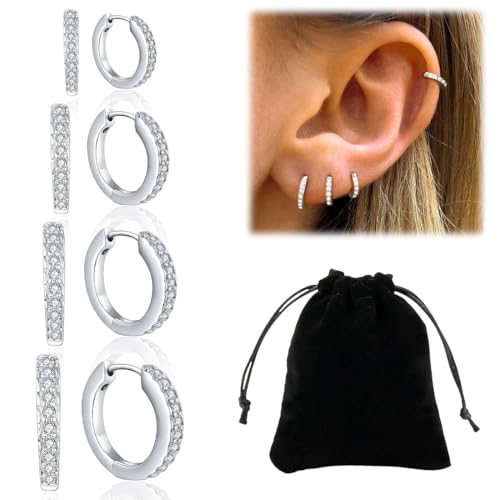 XPEX 4 Paar Ohrringe Creolen Silber Ohrringe Set Mit Zirkonia,Hypoallergen Klein Creolen Schlafen Goldene Ohrringe Creolen Damen Schmuck 6/8/10/12Mm von XPEX
