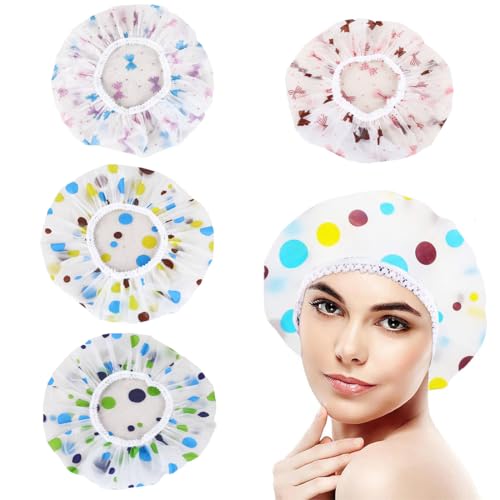 XPEX 4 Stück Badehaube Duschhaube für Damen,duschhaube damen,Wasserdichte und wiederverwendbare duschhauben,Punktmuster shower cap 28 cm Breite mit elastischem Band,große Kunststoffkappe von XPEX