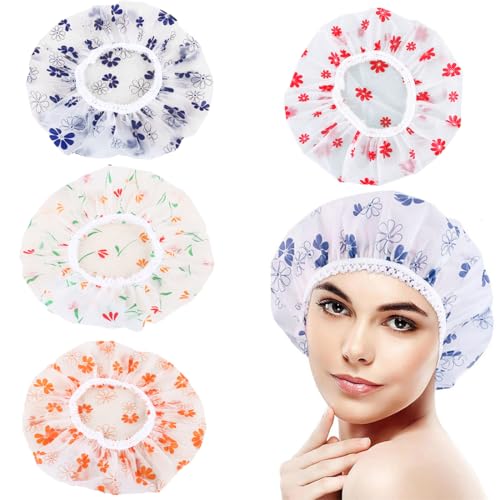 XPEX 4 Stück Badehaube Duschhaube für Damen,duschhaube damen,Wasserdichte und wiederverwendbare duschhauben,Punktmuster shower cap 28 cm Breite mit elastischem Band,große Kunststoffkappe von XPEX