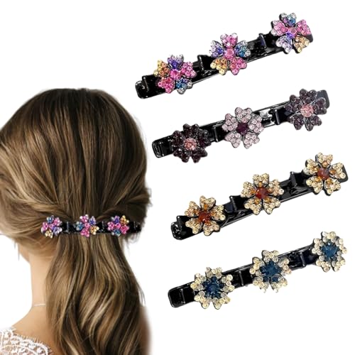 XPEX 4 Stück Blumen-Haarspangen, Strass-Haarspangen für Damen, funkelnde Kristall-Haarspangen, geflochtene Haarspangen, Haarspangen Entenschnabel-Clips von XPEX