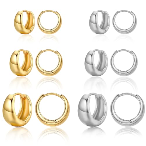 XPEX 6 Paar Creolen Gold/Silber Für Damen Ohrringe Gold Creolen Set Hypoallergen Ohrringe Creolen Leichte Ohrringe Creolen Silber/Gold Für Mädchen von XPEX