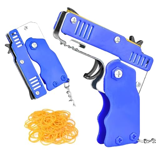 XPEX Blau Mini-Gummibandpistole Aus Metall Klappbar Mit Schlüsselanhänger Und 60+ Gummibändern Für Outdoor-Aktivitäten Für Kinder von XPEX