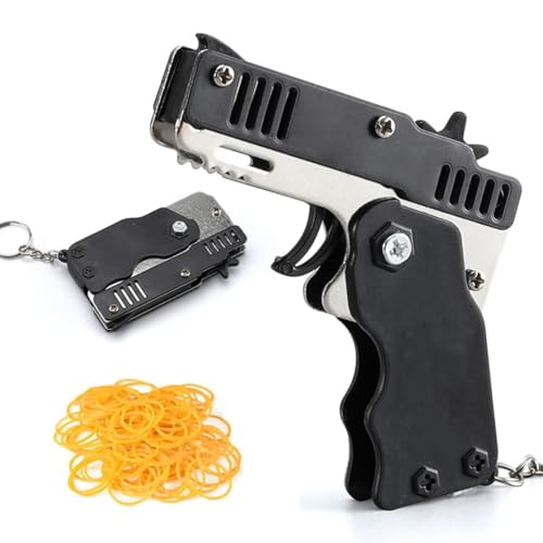 XPEX Schwarz Mini-Gummibandpistole Aus Metall Klappbar Mit Schlüsselanhänger Und 60+ Gummibändern Für Outdoor-Aktivitäten Für Kinder von XPEX