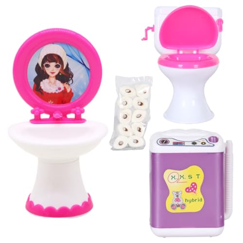 XPEX puppenhaus badezimmer puppen toilette Mini Puppenhaus Toilettenmodell Miniatur Puppenhaus Zubehör Geburtstagsgeschenke für Kinder Inklusive Mini-Waschmaschine Waschbecken und Toilette von XPEX
